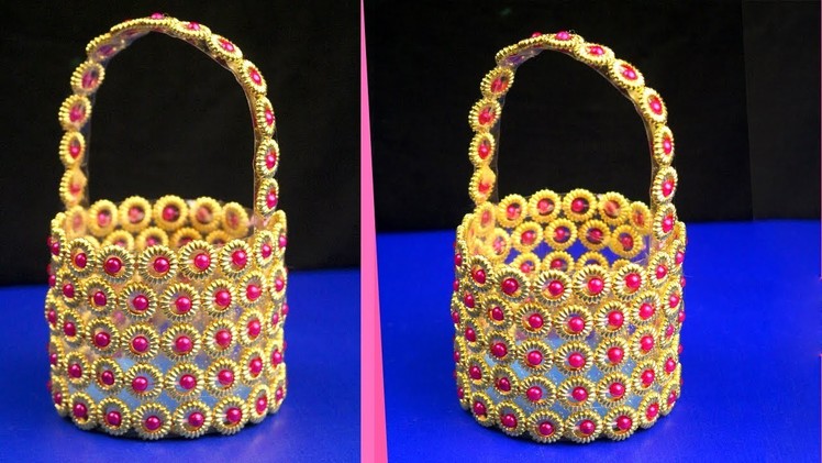 DIY: Plastic bottle and beads basket idea | Plastic bottle craft idea | Plastic bottle reuse idea