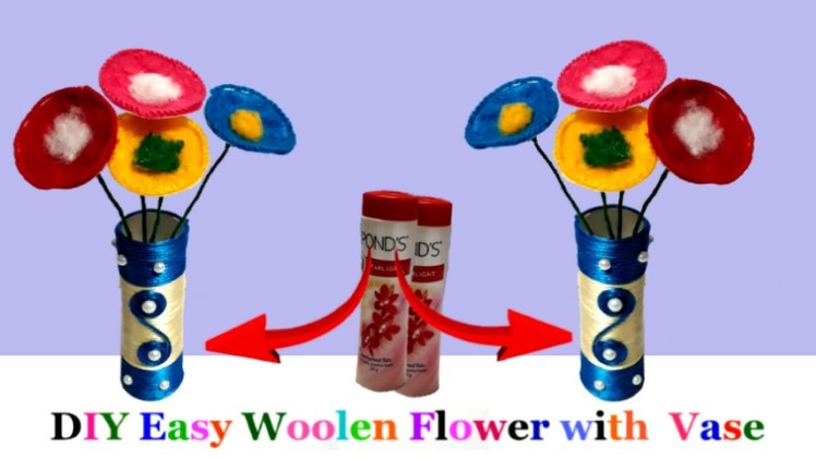DIY Woolen Flowers with flower pot from waste ponds plastic bottle step by step|woolen flower making