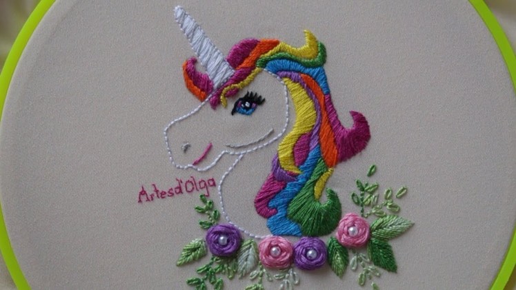 Hand Embroidery: Rainbow Unicorn | Unicornio Arcoíris Bordado a Mano | Artesd'Olga