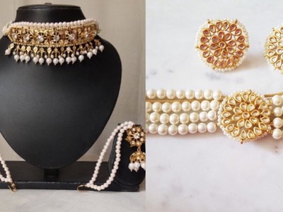 Kundan choker set with earrings design ideas.beautiful moti kundan work jewelry set design