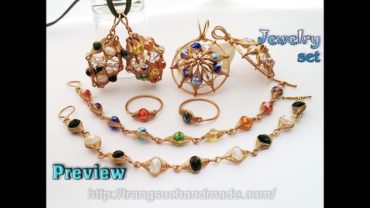 Preview Jewelry set with small crystal - Herringbone wire wrap bead 387