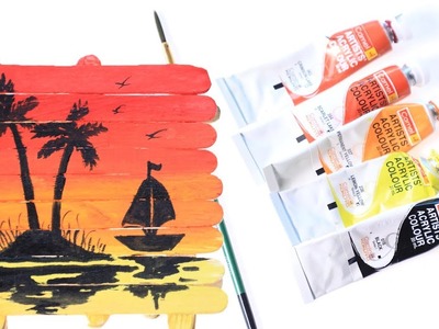 Acrylic painting tutorial for beginners of a Sunset with Trees boat | Painting ideas By Silly Kids