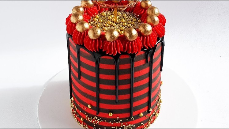 Gold, Black and Red Striped Cake Tutorial- Rosie's Dessert Spot