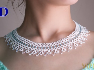 Beautiful and Delicate Bugle Bead Necklace in White and Blue Color. 3D Beading Tutorial