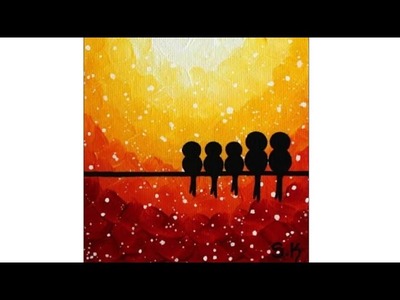 Bird family with sunset easy acrylic painting tutorial | love birds family paintingg
