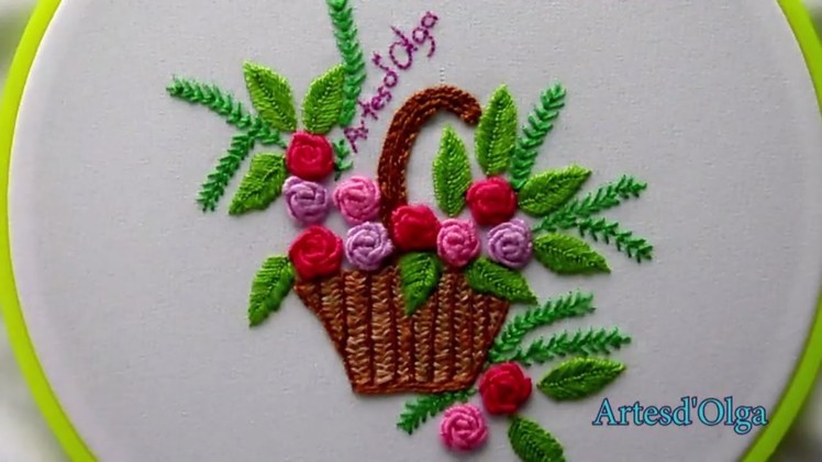 Hand Embroidery: Bullion Rose Basket | Bordados a mano: Cesta de Rosas en Punto Rococó | Artesd'Olga