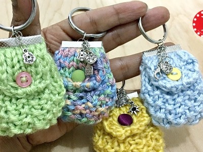 Knit Mini Bag Keychain  (on a Knitting Loom) Purse Keyring