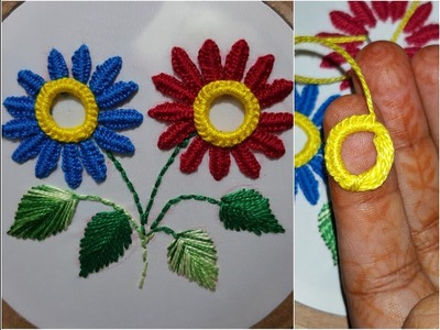 Double Button hole Stitch with anker thread ring hand embroidery new flower work
