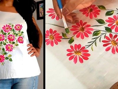 Flower Panting Design on Top | Kurtis.Free Hand Fabric Painting Design | Simple & Easy Techniques