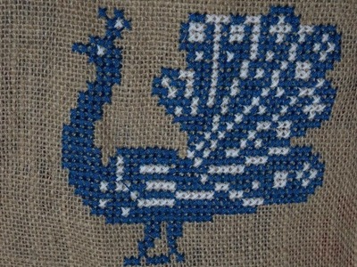 Hand Embroidery : Cross Stitch Embroidery ( Peacock Pattern ) on Jute Mate