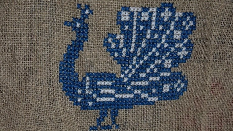 Hand Embroidery : Cross Stitch Embroidery ( Peacock Pattern ) on Jute Mate