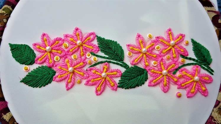 Hand embroidery. Lazy Daisy embroidery Saree  border flower design