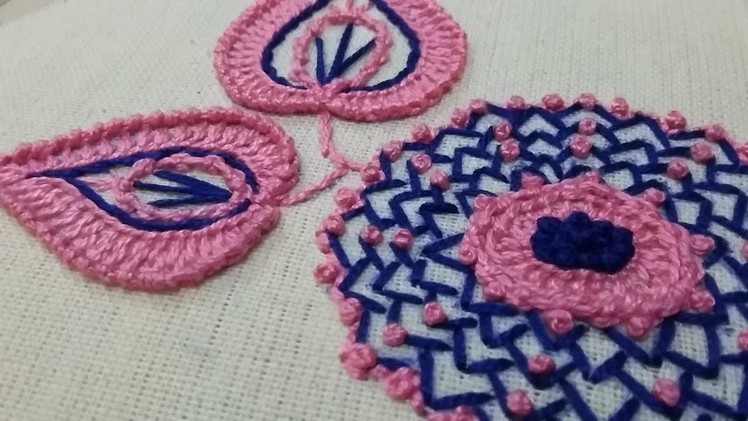 Hand embroidery of pink and blue flower and leaves | 36 |