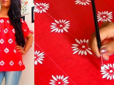 Hand Painted Designer Red Color Kurti.Top | One Stroke Painting Tips | Fabric Painting Designs