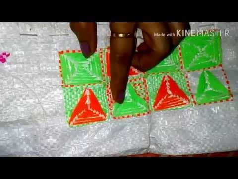 Plastic Sack stitch. Triangular pattern. Hand embroidery on plastic Sack. Table mat. Door mat.