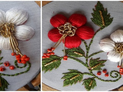 Puffed.satin stitch : hand embroidery. flower hand design by shirt work