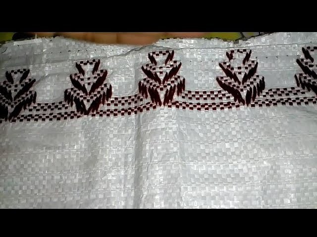 Table mat stitch on plastic Sack. Border design. Part 1. Hand embroidery. Plastic Sack stitch.