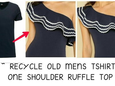 DIY Men's T-Shirt Into One Shoulder Ruffle Crop Top In 10mins|Re-use Of Old Men's T-Shirt|