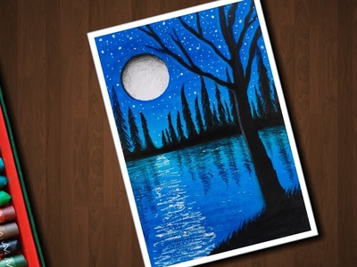 Easy Night Pond scenery drawing for beginners with Oil Pastels - step by step