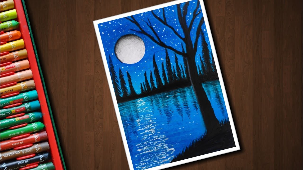 Easy Night Pond scenery drawing for beginners with Oil Pastels - step