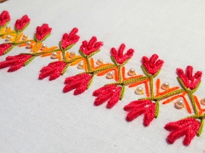 Hand Embroidery : Embroidery Border Design by cherry blossom.