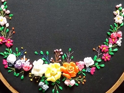 Hand embroidery.Ribbon embroidery flowers.Neckline embroidery design.