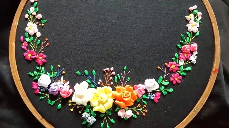 Hand embroidery.Ribbon embroidery flowers.Neckline embroidery design.