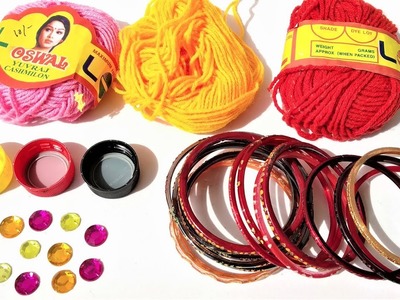 Old Bangles Reuse Ideas. DIY Best Out Of Waste Craft Ideas. Wool and Bangle Craft