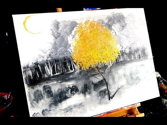 Painting beautiful gold tree in the middle of black and white forest on large canvas