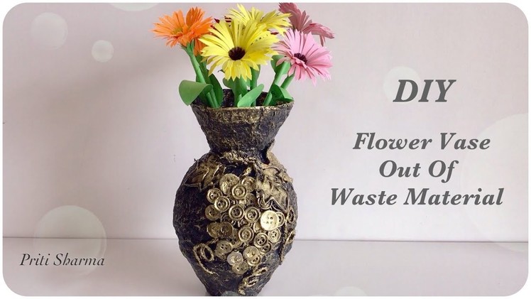 Best Out Of Waste Cardboard Flower Vase - 8. DIY. Paper Flower Pot With Button Art | Priti Sharma