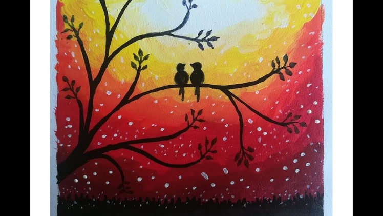 Love birds sunset trees postercolor painting | easy poster painting