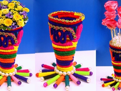 Woolen Flower Vase Craft Idea - Best Out of Waste Handmade Flower Vase - Flower Vase Making 2018