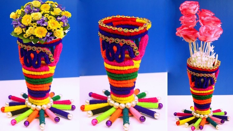 Woolen Flower Vase Craft Idea - Best Out of Waste Handmade Flower Vase - Flower Vase Making 2018