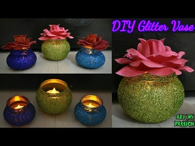 DIY Dollar Tree Vase | DIY Glitter Vase Candle Holder | Home Decoration ideas | artmypassion