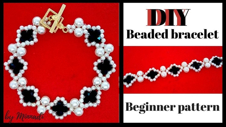 Make a beaded bracelet with white and black beads. Jewelry making tutorial