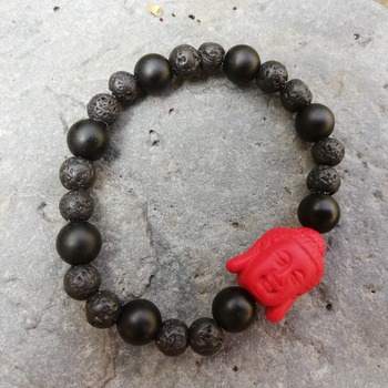 Bracelet Handmade- Inner Peace and Joy- Volcanic Lava- Onyx -Stones -Coral- Buddha -Flexible Talisman from La Gomera Island