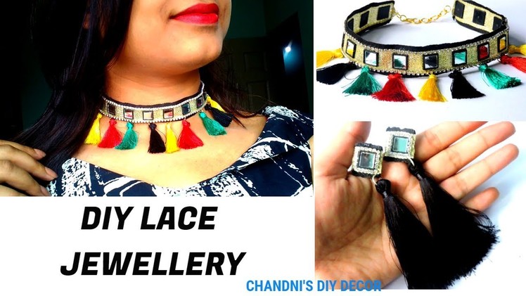DIY Quick And Easy Choker Necklace With Tassel || Lace Jewellery Tuturial || DIY Tassel Earrings ||