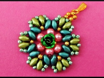 DIY | Green Beaded Flower Pendant with Twin Beads | Beadwork | Blumen Perlen Ketten Anhänger