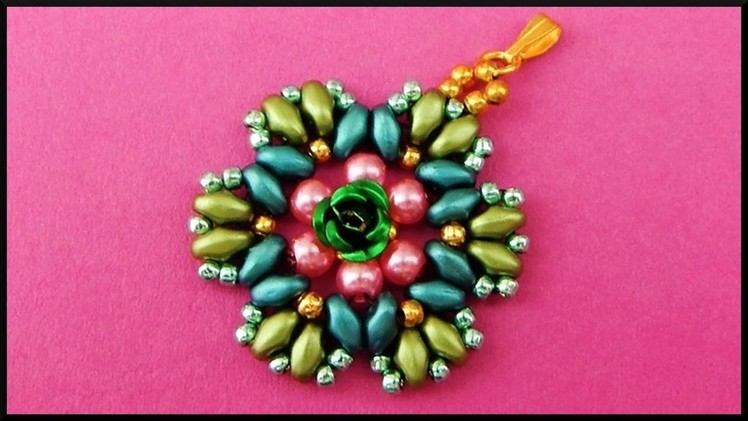 DIY | Green Beaded Flower Pendant with Twin Beads | Beadwork | Blumen Perlen Ketten Anhänger