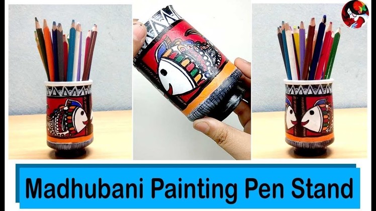 Hand Painted Pen Stand.Decorative Clay Pot Pen Stand.Creative Madhubani Painting Pen Stand