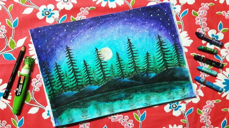 How to draw Moonlight Forest scenery step by step with Oil Pastels for beginners|Technique Drawing|