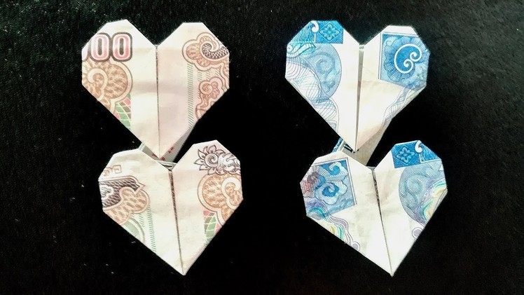 How to make double heart with money, Hướng dẫn cách xếp trái tim đôi bằng tiền giấy
