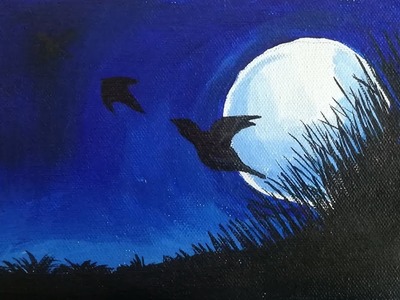 Moonlight night birds poster color painting | easy painting for beginners