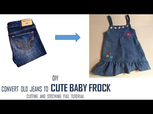 DIY Convert old Jeans to CUTE RUFFLE BABY FROCK cutting and stitching Full Tutorial