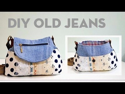 Diy old jeans into beautiful bag | Bag tutorial |将旧包包的拉链拆了再配旧牛仔裤布料及棉布完成可爱斜挎包❤❤