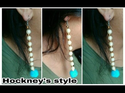 How to make pearl earring.diy tutorial: making pom pom earring.beaded earring.Hockney's style