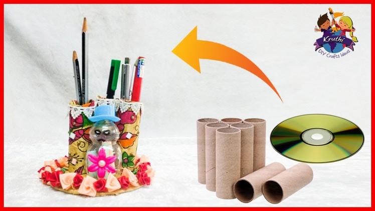 Pen Holder  From Old CDs || DVD||  Waste Material Craft || Kruthi DIY Craft Ideas