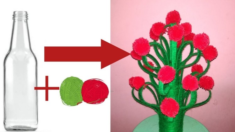 How to make flower pot with wool | Best idea to use bottle, plastic paper folder and woolen