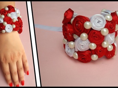 Rose Ribbon Bracelet || DIY Bangles || Ribbon And Pearl Accessories || The Blue Sea Art
