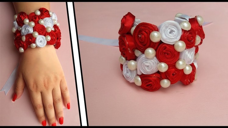 Rose Ribbon Bracelet || DIY Bangles || Ribbon And Pearl Accessories || The Blue Sea Art